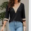 Women's Casual 3/4 Sleeve Shirts Lace V Neck Color Block Dressy Tops Trendy Hollow Floral Blouses T Shirts S-XXL