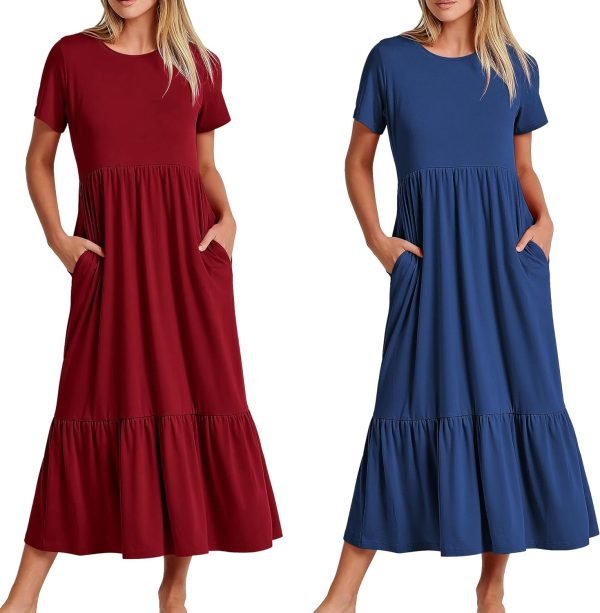 Womens Summer Dresses Casual Short Sleeve Crewneck Swing Dress Casual Tiered t Shirt Dress with Pockets 2024 Trendy Outfits