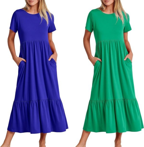 Womens Summer Dresses Casual Short Sleeve Crewneck Swing Dress Casual Tiered t Shirt Dress with Pockets 2024 Trendy Outfits