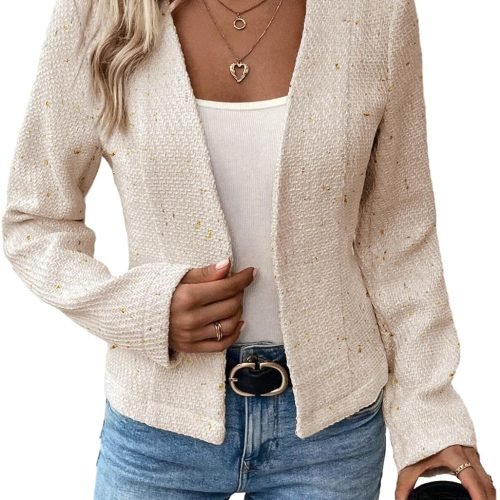 815X9lF00eL._AC_SL1500 2024 Summer Cropped Collarless Blazer Lightweight Fully Lined Open Front Elegant Petite Work Office Jackets