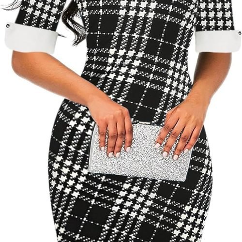 Women's Slim Fit Plaid Floral Printed Half Sleeve Formal Body-con Dress Pencil Dresses SK276
