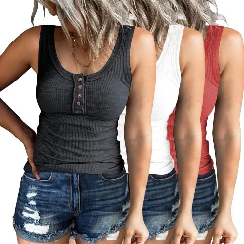 819zFMF2-YL._AC_SL1500 3 Pack Women Tank Tops Ribbed Summer Casual Sleeveless Basic Cami Top Slim Henley Button Down Blouses