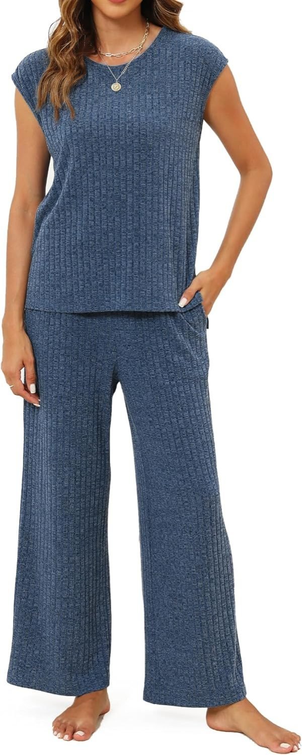 81BTx_4-s8L._AC_SL1500 Pajama Sets for Women 2 Piece Ribbed Knit Summer Cute Pj Set Comfy Matching Lounge Sets Loungewear Sleepwear