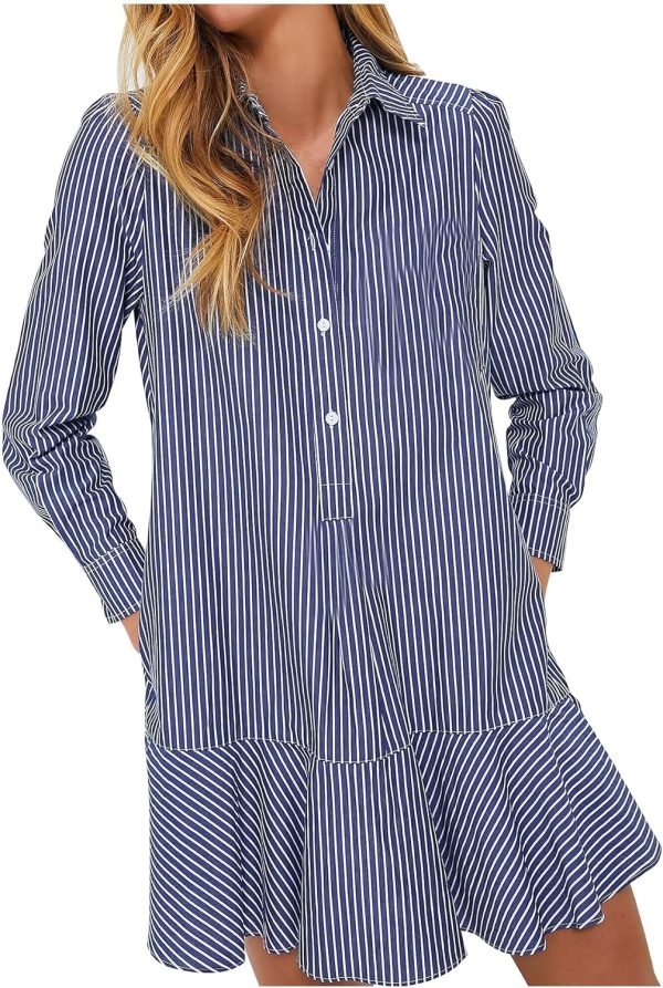 81Fu4_3uuzL._AC_SL1500 Women's Tunic Mini Shirt Dress Cotton Long Sleeve Ruffle Hem Dress Button Up Shift Chambray Dresses