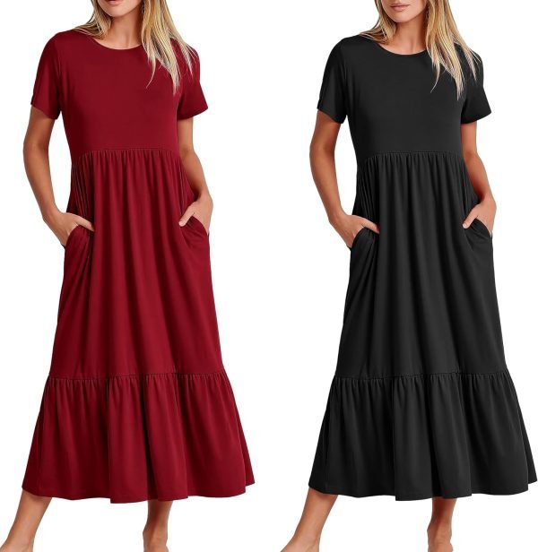 Womens Summer Dresses Casual Short Sleeve Crewneck Swing Dress Casual Tiered t Shirt Dress with Pockets 2024 Trendy Outfits