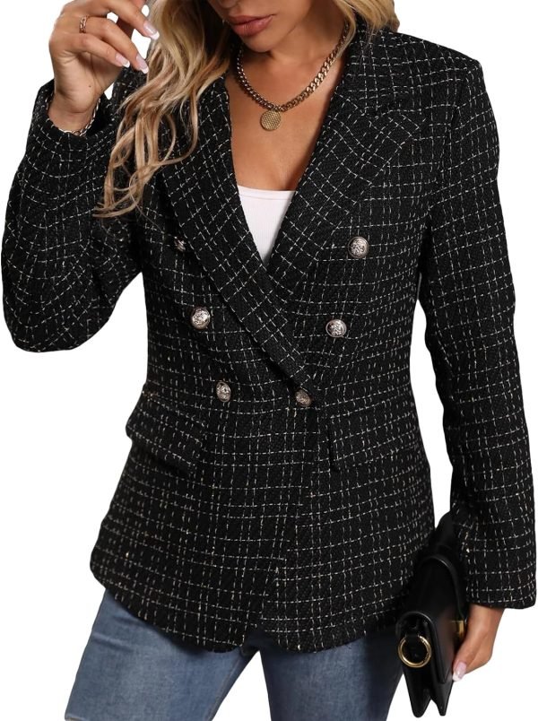 81LFgWGcgpL._AC_SL1500 Womens Casual Blazer 2024 Spring Open Front Business Work Tweed Plaid Jacket Suit Pocket (S-XXL)