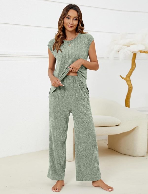 81LSkra3q6L._AC_SL1500 Pajama Sets for Women 2 Piece Ribbed Knit Summer Cute Pj Set Comfy Matching Lounge Sets Loungewear Sleepwear