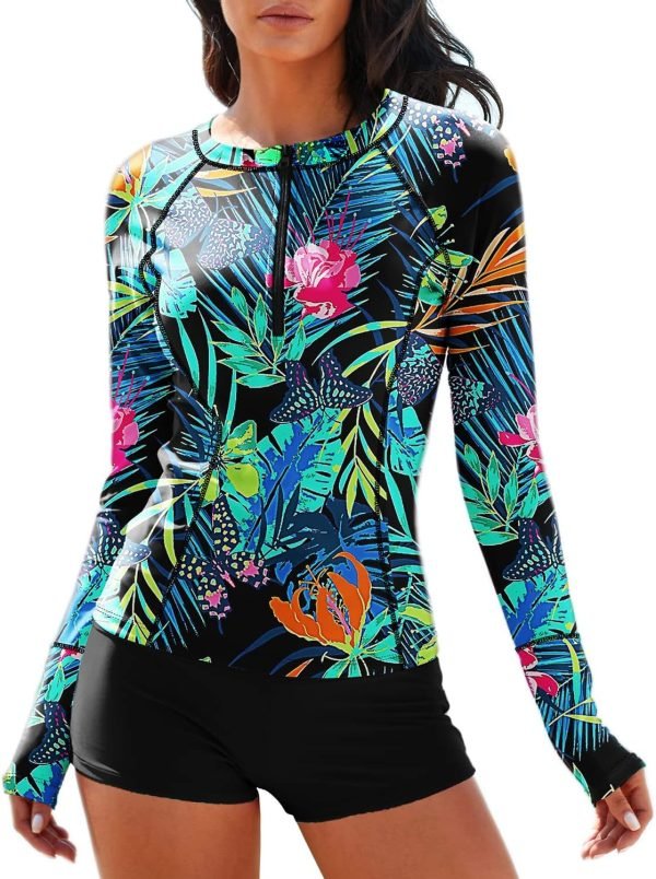 81N8Jp2tIvL._AC_SL1500 Women Two Piece Rash Guard Long Sleeve Half-Zipper UPF 50 Athletic Surfing Swimsuit