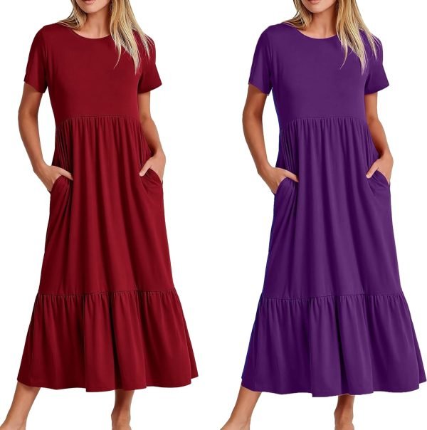 Womens Summer Dresses Casual Short Sleeve Crewneck Swing Dress Casual Tiered t Shirt Dress with Pockets 2024 Trendy Outfits