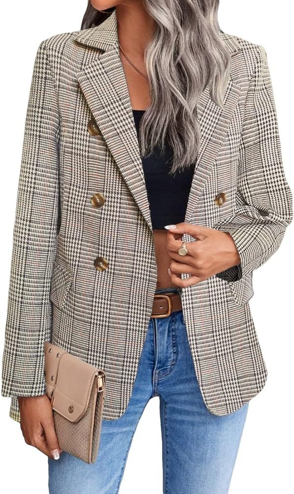81Tj3QVRmUL._AC_SL1500 Womens Casual Blazer 2024 Spring Open Front Business Work Tweed Plaid Jacket Suit Pocket (S-XXL)