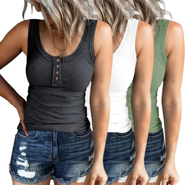 81hu5lhv6wL._AC_SL1500 3 Pack Women Tank Tops Ribbed Summer Casual Sleeveless Basic Cami Top Slim Henley Button Down Blouses