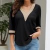 Women's Casual 3/4 Sleeve Shirts Lace V Neck Color Block Dressy Tops Trendy Hollow Floral Blouses T Shirts S-XXL