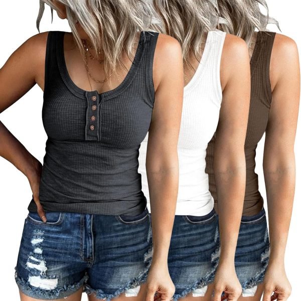 81lsIoDjgZL._AC_SL1500 3 Pack Women Tank Tops Ribbed Summer Casual Sleeveless Basic Cami Top Slim Henley Button Down Blouses