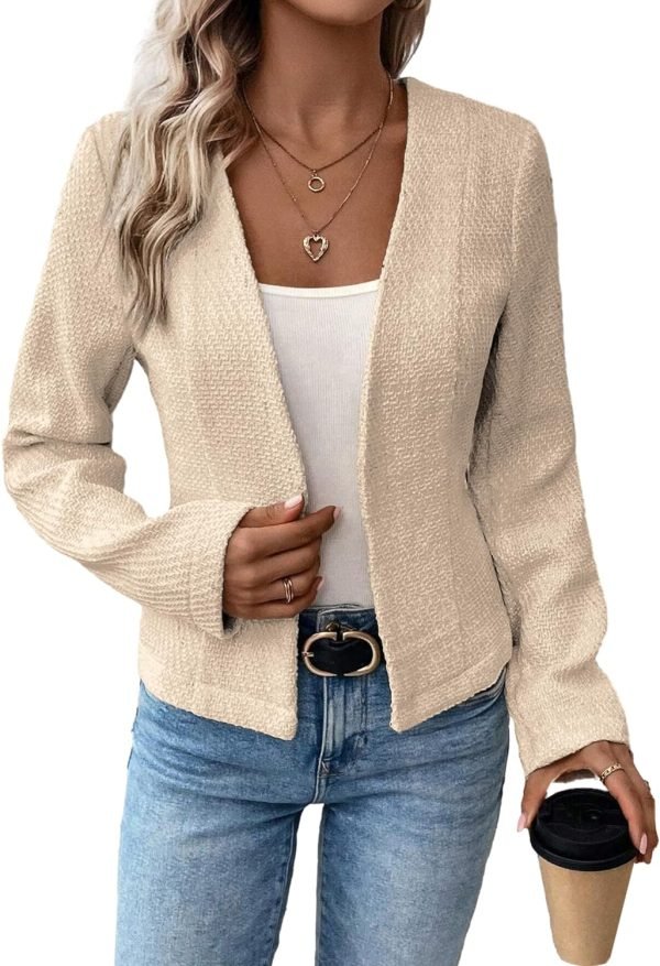 81rknQRm0ZL._AC_SL1500 2024 Summer Cropped Collarless Blazer Lightweight Fully Lined Open Front Elegant Petite Work Office Jackets