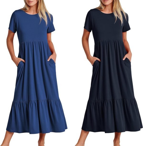 Womens Summer Dresses Casual Short Sleeve Crewneck Swing Dress Casual Tiered t Shirt Dress with Pockets 2024 Trendy Outfits