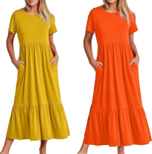 Womens Summer Dresses Casual Short Sleeve Crewneck Swing Dress Casual Tiered t Shirt Dress with Pockets 2024 Trendy Outfits