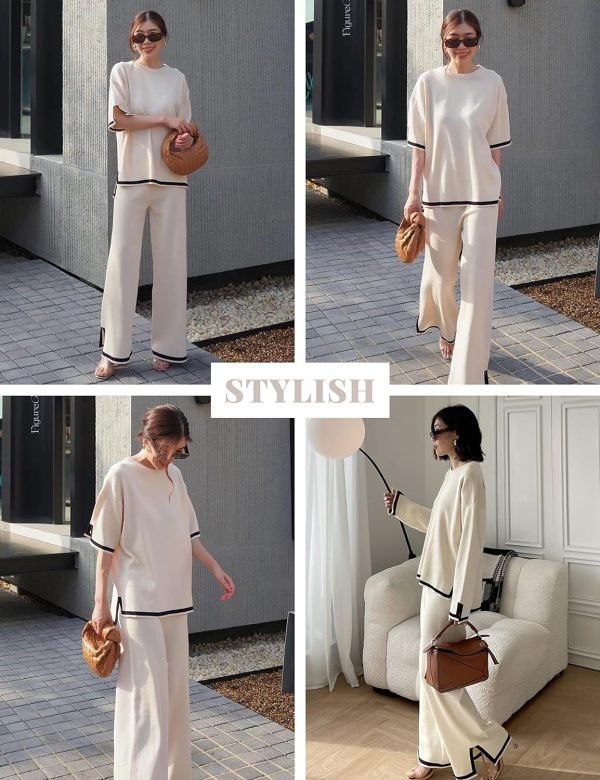 910atpjukNL._AC_SL1500 Womens Knit 2 Piece Sweater Sets Short Sleeve Pullover Tops Elastic Waist Wide Leg Pants Lounge Set