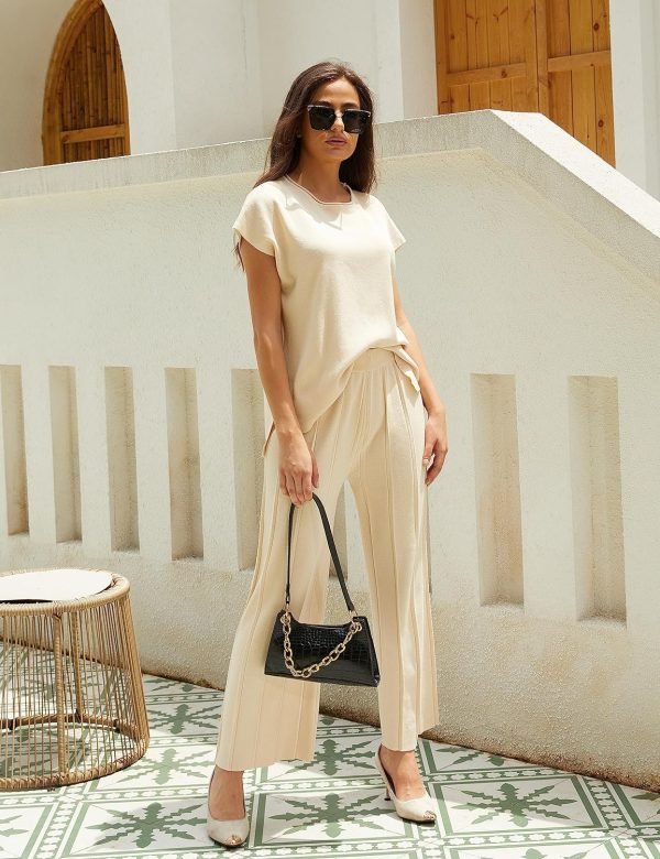 91Th1eeFDEL._AC_SL1500 2 Piece Outfits for Women Sweater Sets Knit Vest Tops Elastic Waisted Pants