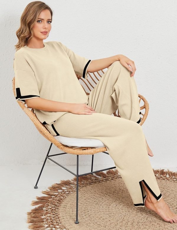 91rkp09mfpL._AC_SL1500 Womens Knit 2 Piece Sweater Sets Short Sleeve Pullover Tops Elastic Waist Wide Leg Pants Lounge Set