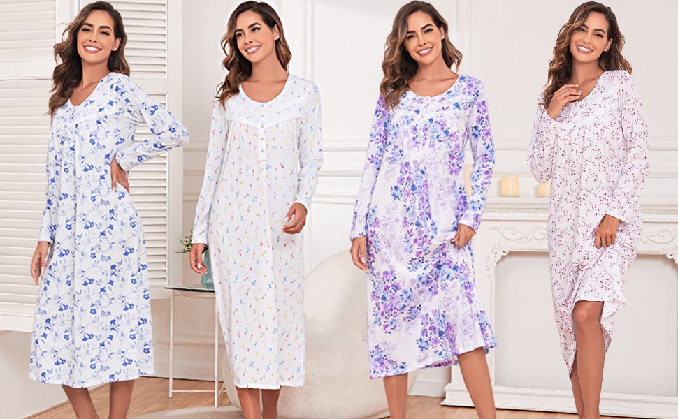 Long cotton nightgown for women long sleeve pajamas
